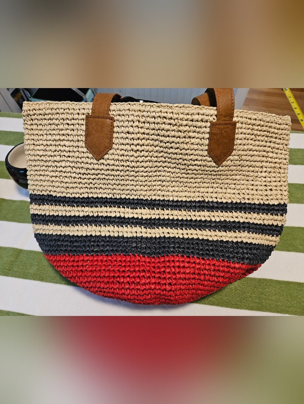 Tommy Bahama Woven Straw Tote Bag with Red and Navy Stripes